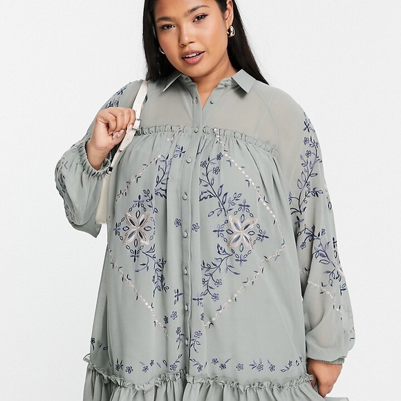 ASOS Curve DESIGN Curve soft mini smock shirt dress with embroidery size 20 - Picture 1 of 4